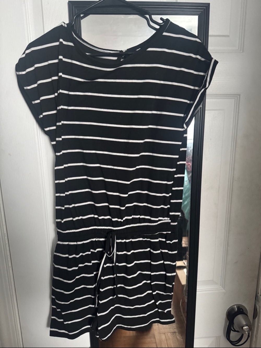 Black and White Striped Drawstring Waist Dress
